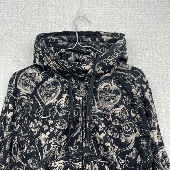 Y2K 90s Women's L Red by Marc Ecko Graphic Logo Hoodie Goth Emo Skull Rose AOP - Picture 2 of 15